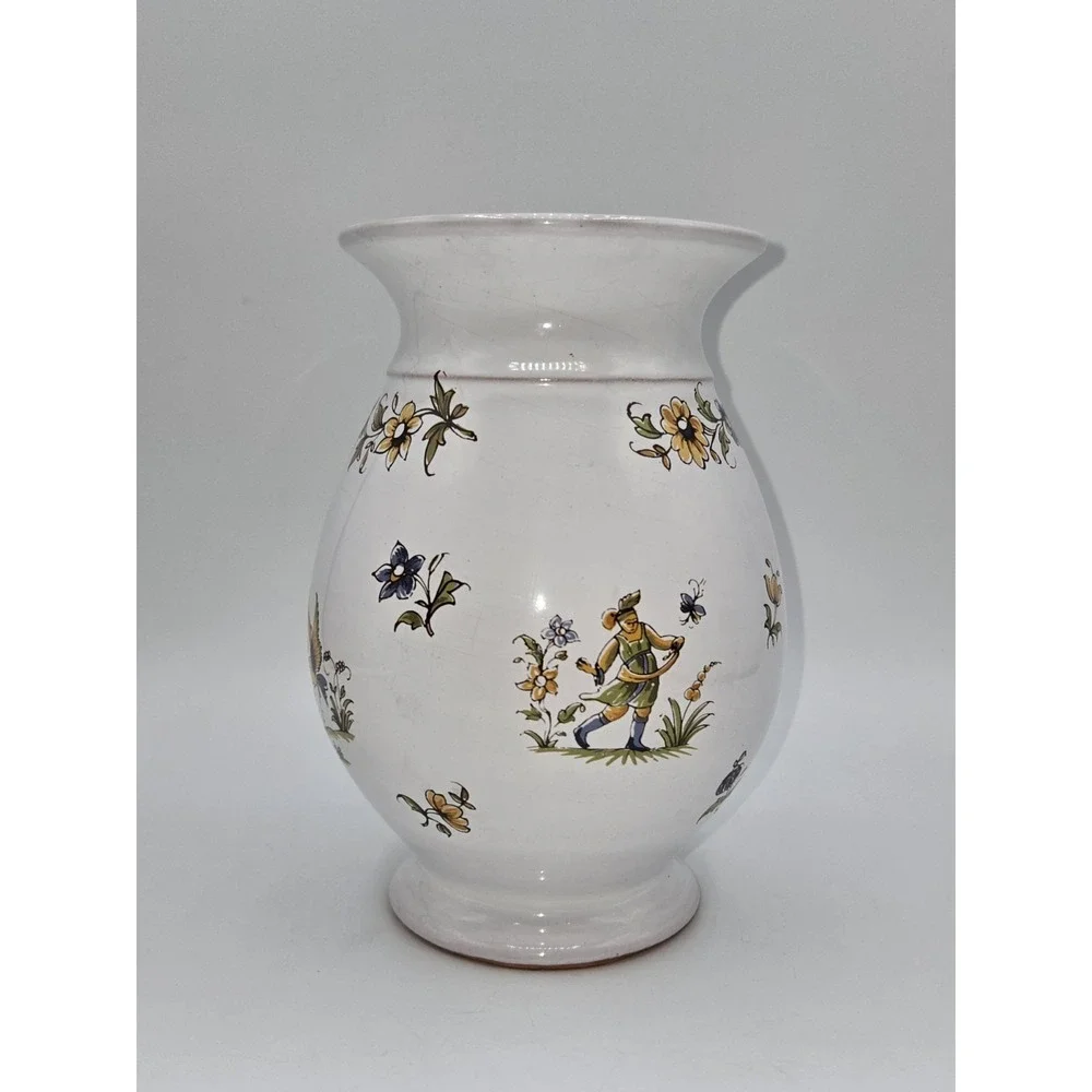 French Faience Style Hand Painted Vase Bird Floral Motif White Glazed‎ Pottery